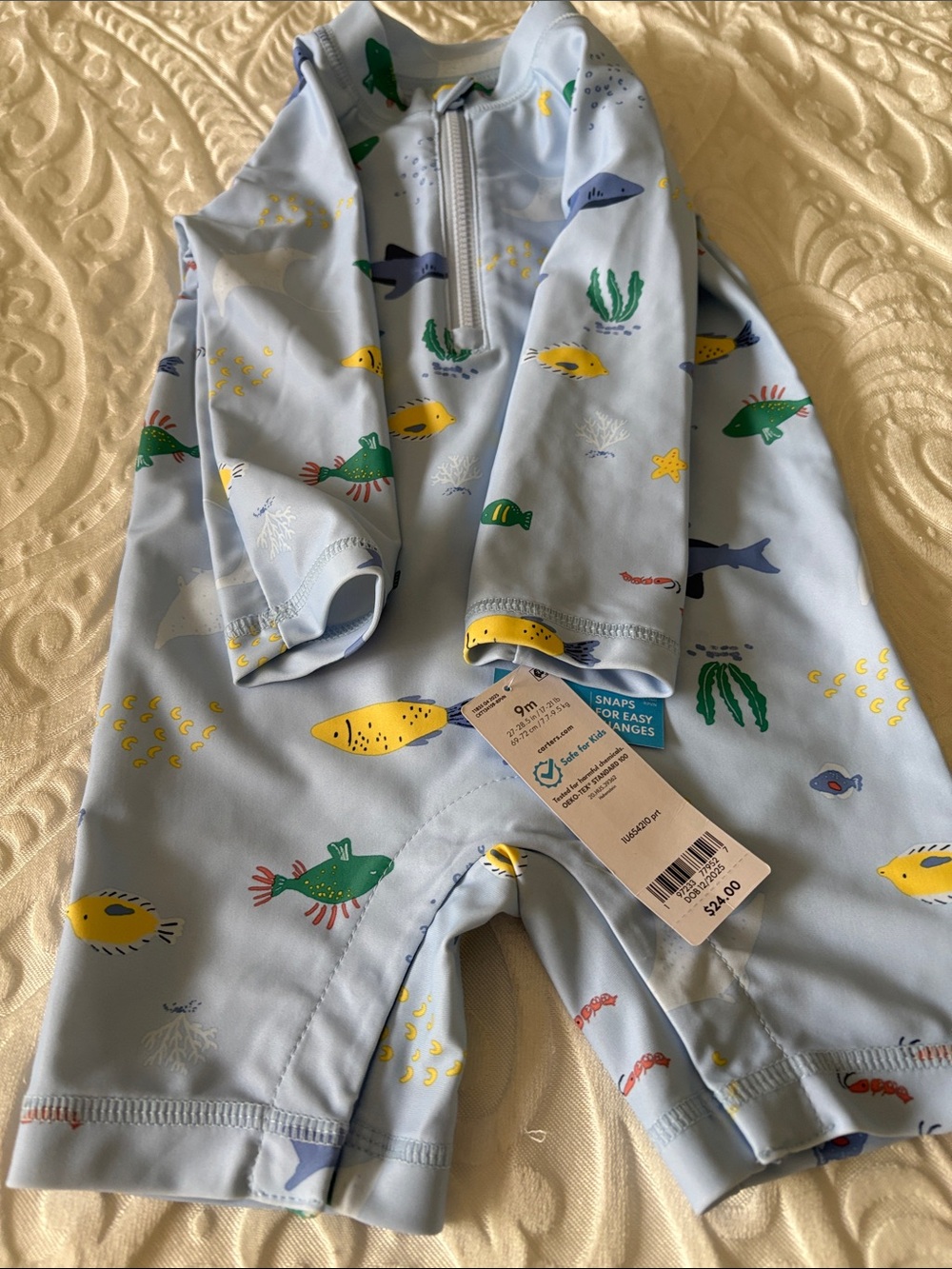 Carter's Light Blue Long-Sleeve One-Piece Swim Suit with Colorful Fish